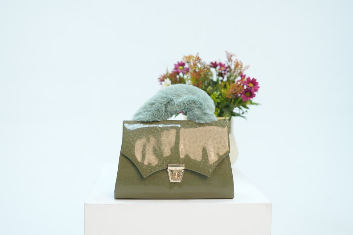 Elegant Olive Green Handbag with Faux Fur Handle & Gold Lock