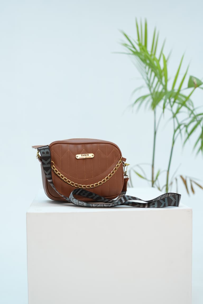 Brown Quilted Chain Shoulder Bag with Wide Strap