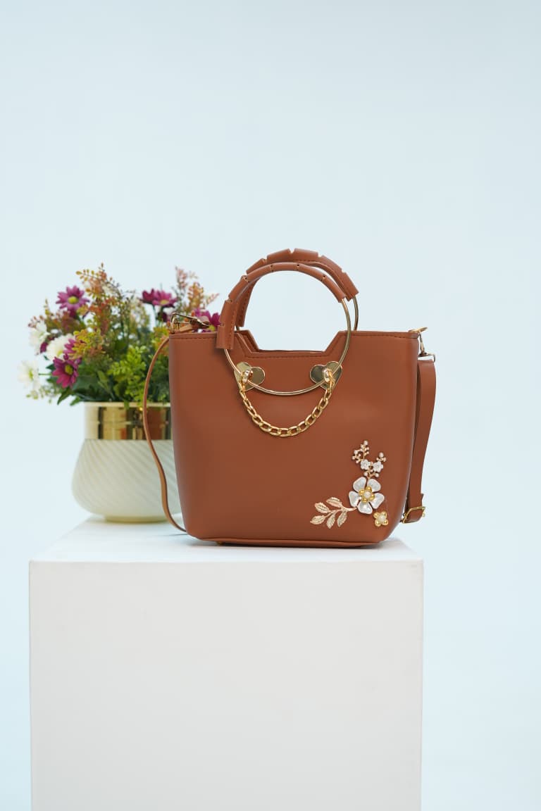 Rust Elegance Floral Chain Handbag