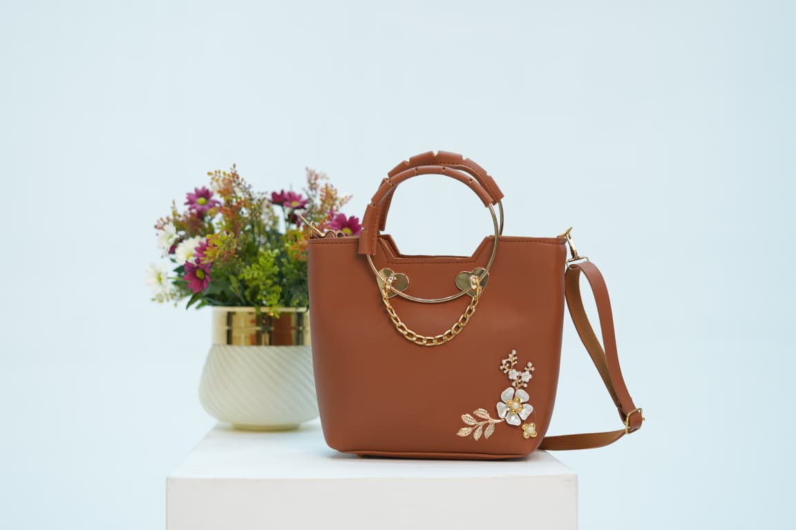 Rust Elegance Floral Chain Handbag